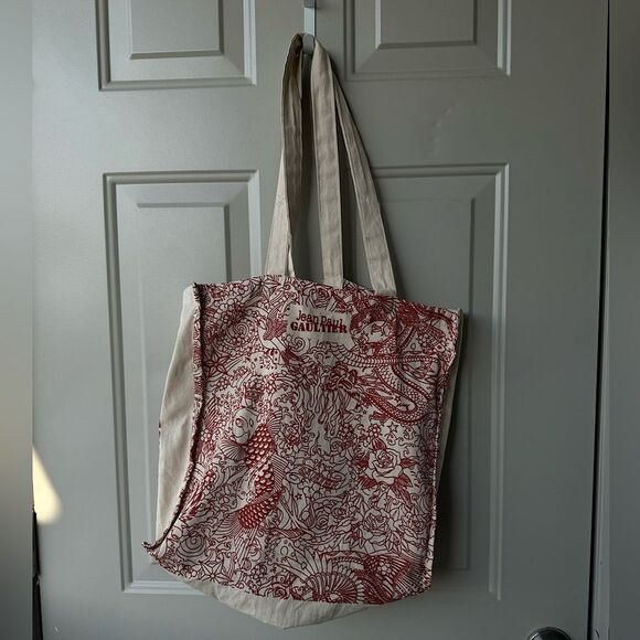 Jean Paul Gaultier Tattoo Red & Beige Cotton Carry Stripes Tote Bag Size OS - Picture 1 of 5